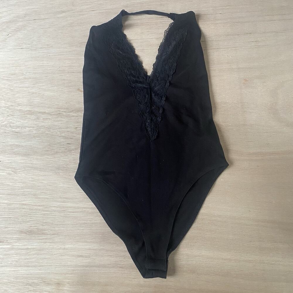 Black Deep V-Neck Halter Bodysuit with Black Lace Trim Size Small